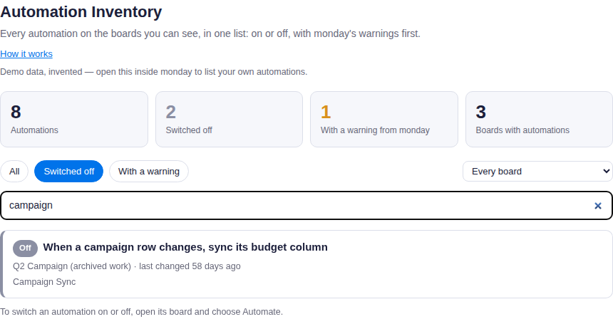 The Switched off filter and the search word campaign narrow the list to one automation.