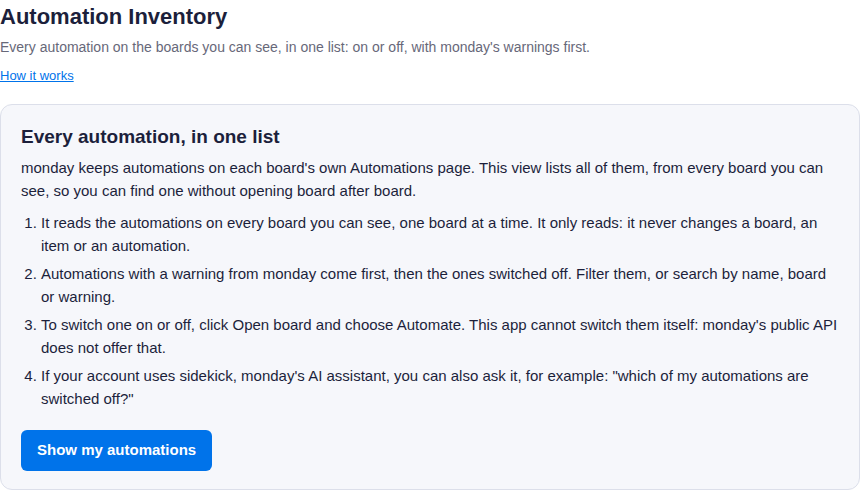 The welcome page: what the list shows, that the app only reads, and a Show my automations button.